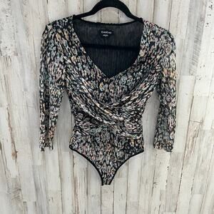 Bebe Women Animal Print Bodysuit Size XS Long Sleeve Mesh Thong Snaps
